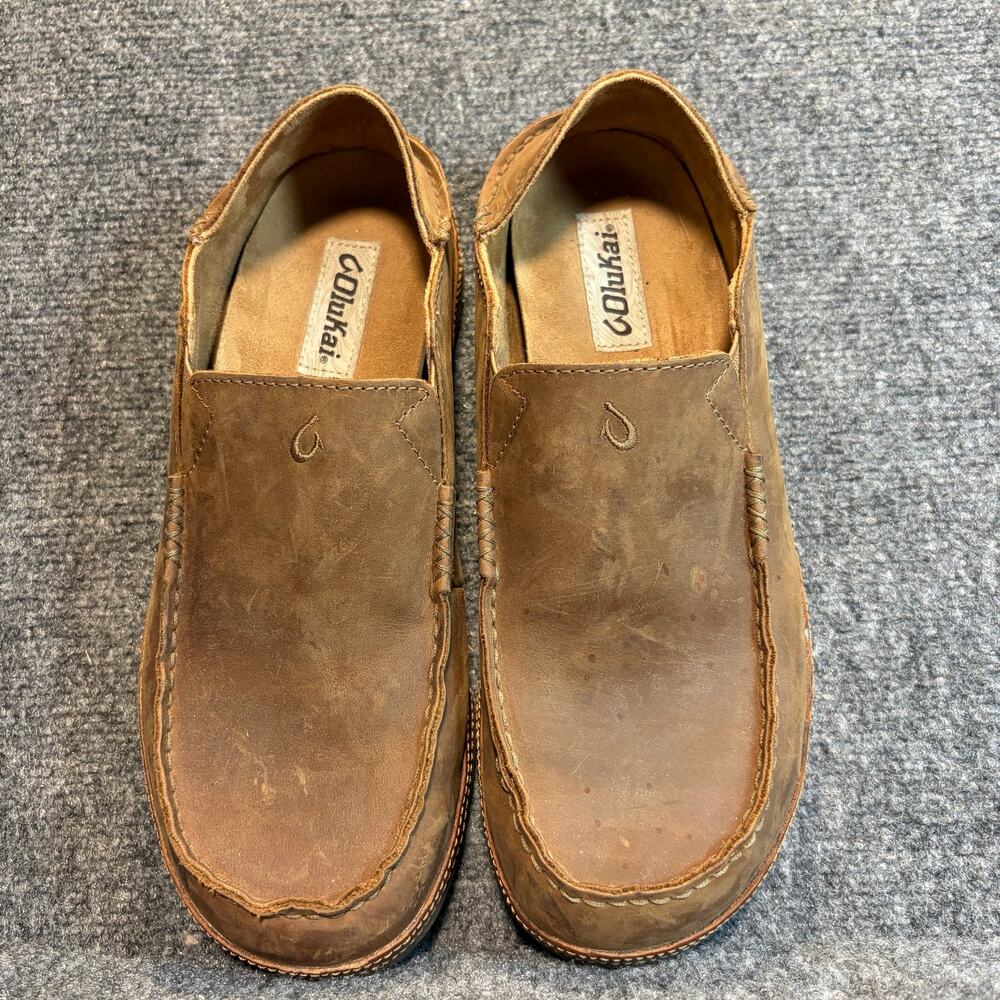 OluKai Mens 9.5 Moloa Brown Leather Slip On Shoes Drop In Heel Loafer Mules